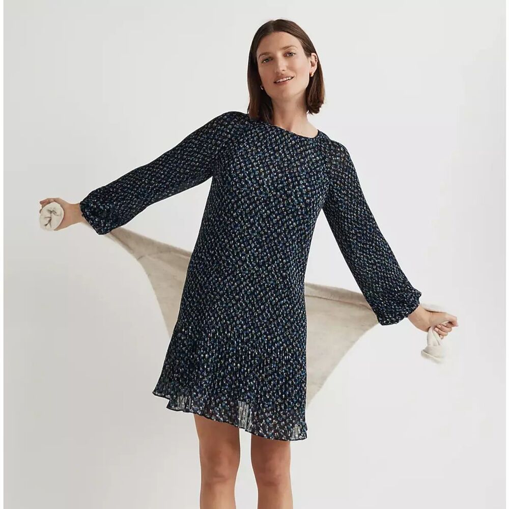MADEWELL Crinkle Georgette Mini Dress M Floral Blue Chiffon Long Sleeve NWT B71